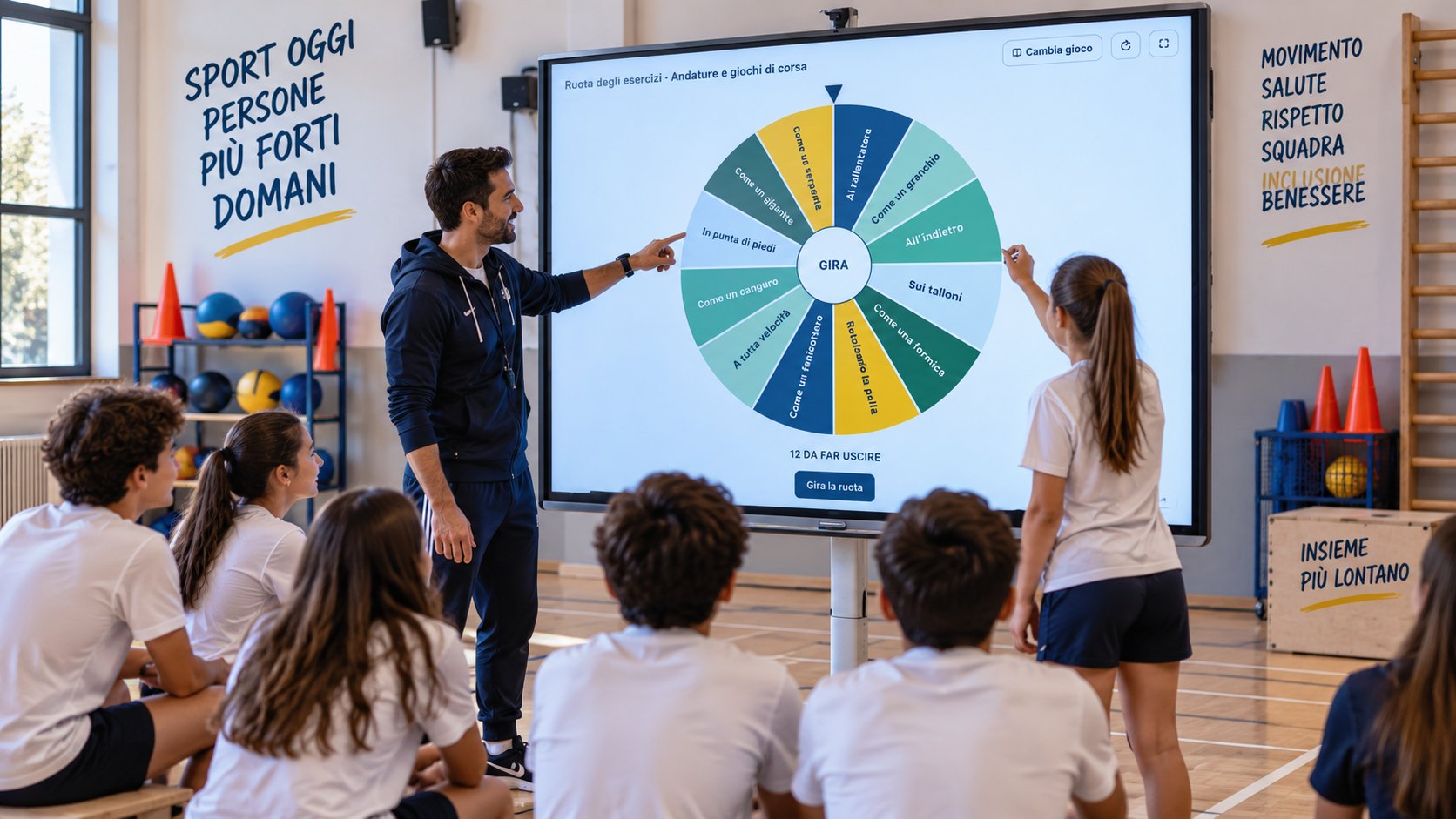 Un insegnante e la sua classe davanti alla ruota degli esercizi proiettata sulla lavagna interattiva